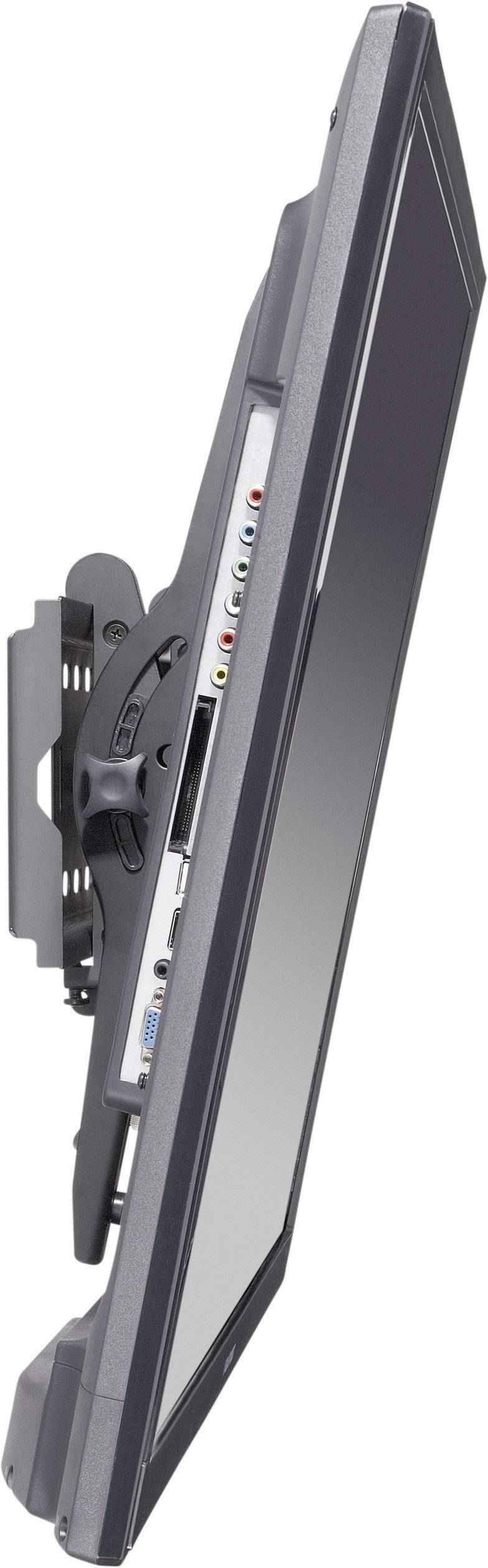 Zijaanzicht van een flatscreen aan een beweegbare wandsteun, met zichtbare aansluitingen voor audio en video.