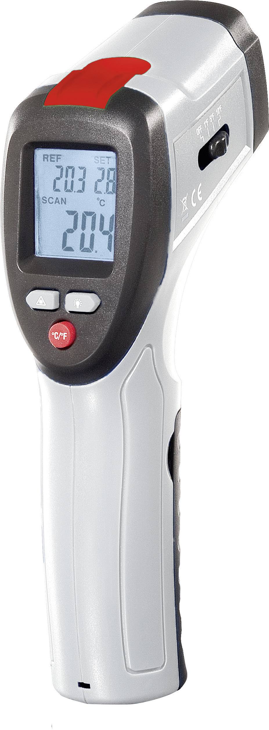 Handapparaat met digitaal display toont temperatuur in graden Celsius. Apparaat heeft bedieningsknoppen en is zwart-wit met rode accenten.