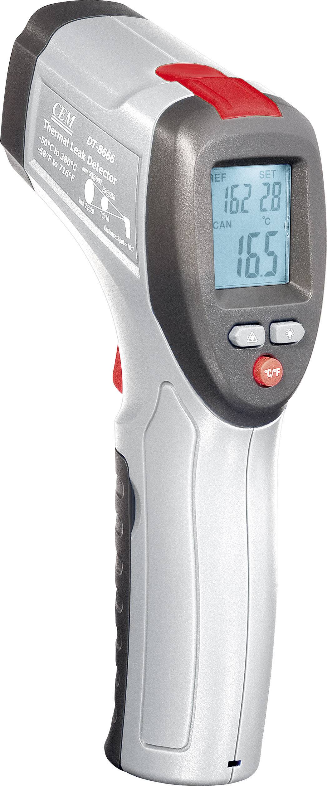 Een infrarood-thermometer met digitaal display toont een temperatuur van 16,5 graden Celsius.