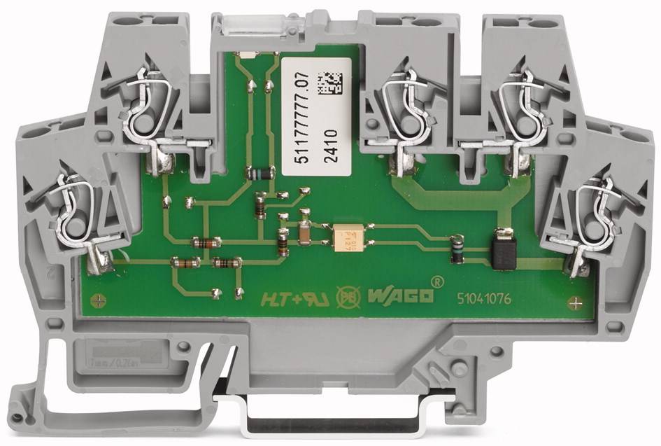 Elektronische bouwcomponent met een groene printplaat en een grijs behuizing. Bevat metalen klemmen en elektronische componenten.