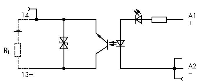 Schakelschema van een elektrische kring met led's, twee tweerichtingsdiodes, een weerstand en aansluitingen, gemarkeerd met 'A1', 'A2', '13+', '14-'.