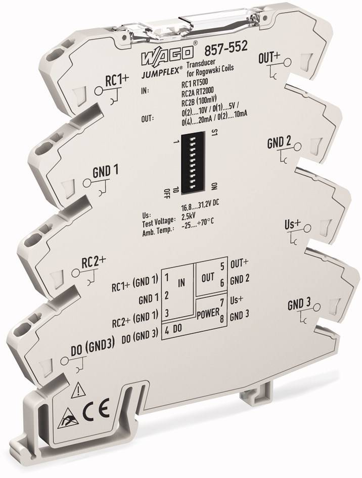 Een smalle, meertraps transducer voor railmontage van WAGO. Voorzien van labels voor ingang, uitgang en elektrische specificaties.