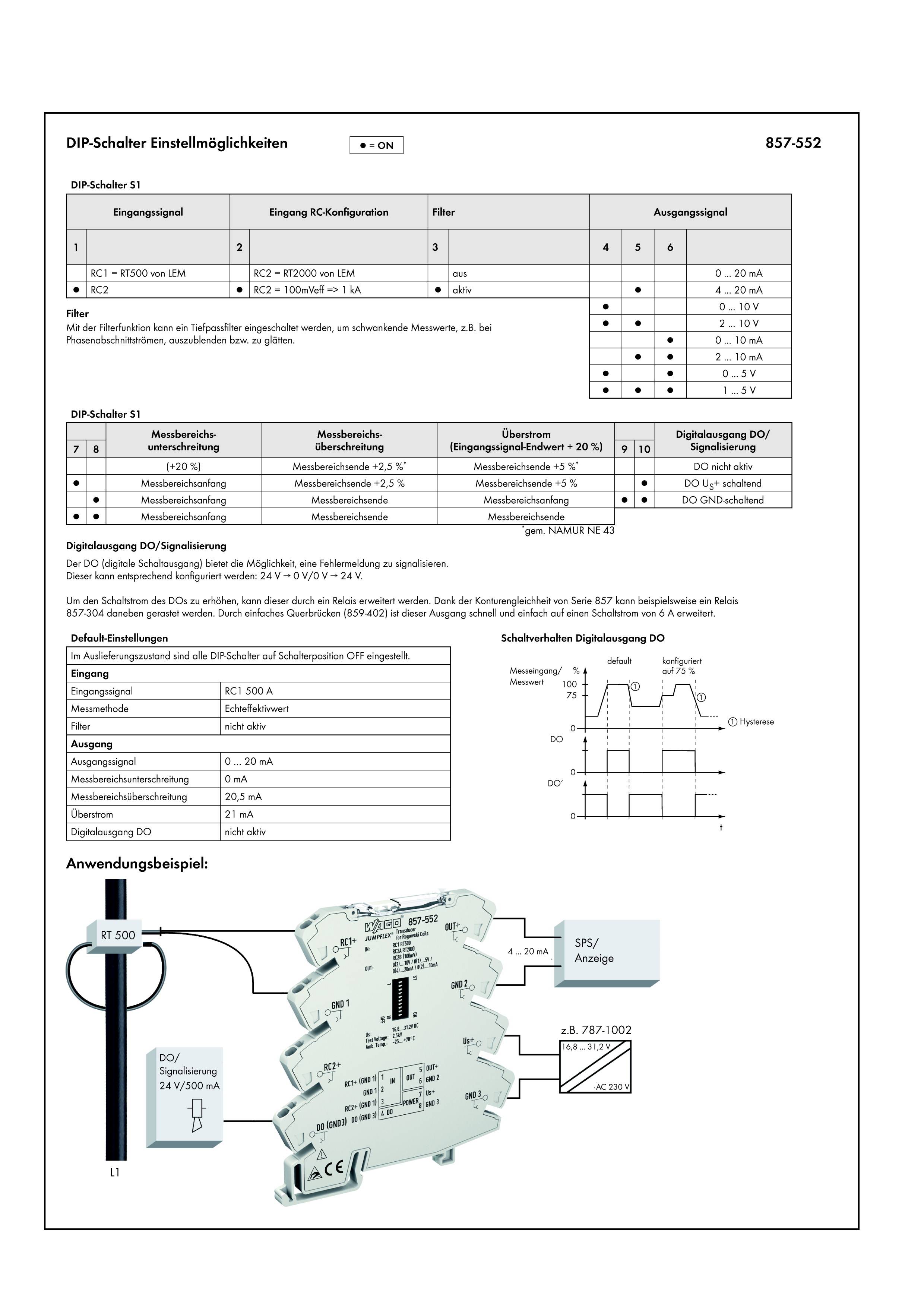 Diagram van DIP-schakelaar-instellingen met verschillende configuratietabellen en een toepassingsvoorbeeld voor een schakeling.