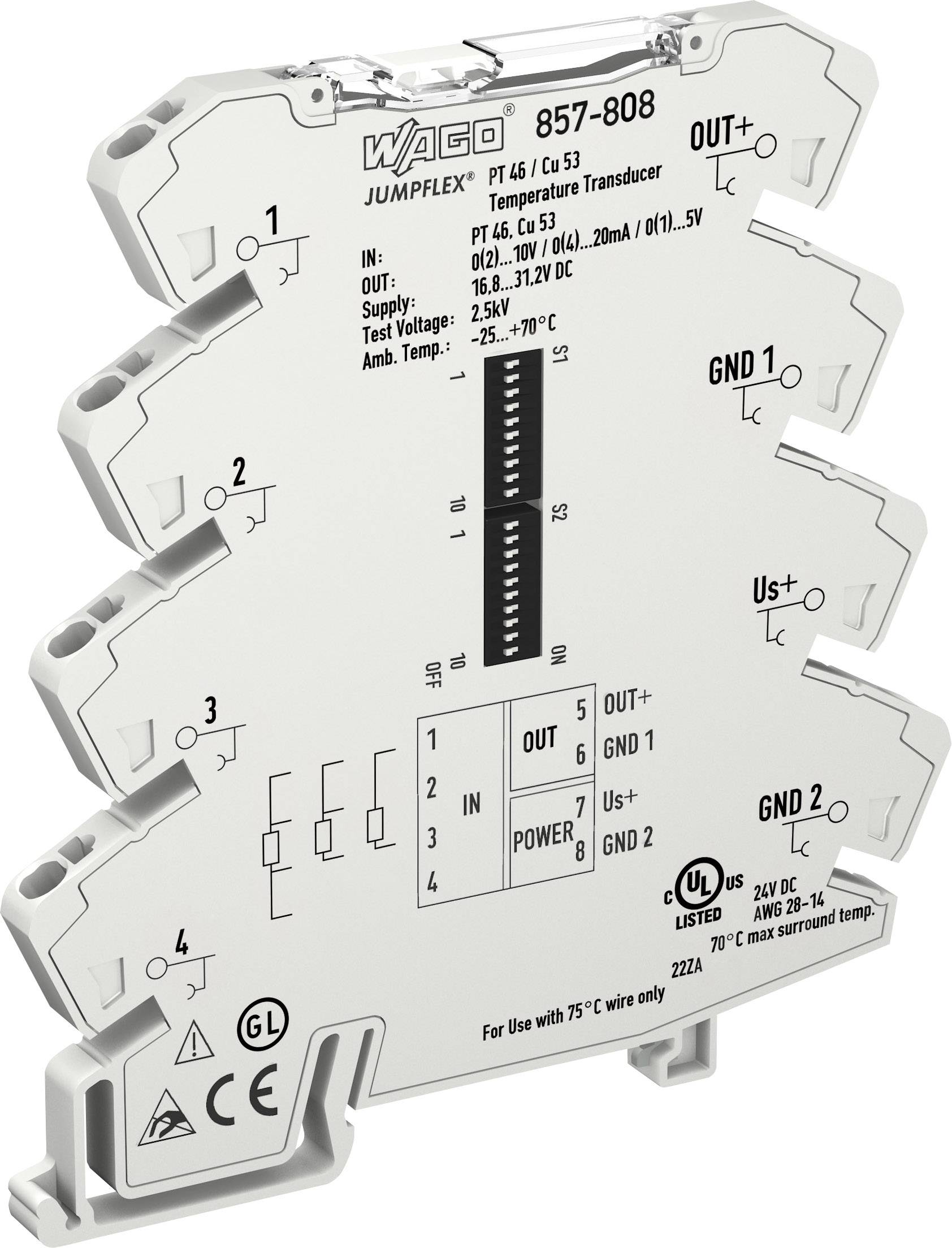 Een 'WAGO JUMPFLEX 857-808' temperatuuromvormer, geschikt voor PT 6.5 sensoren, toont aansluitingen en technische specificaties.