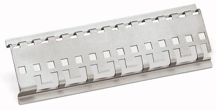 Metalen plaat met rechthoekige uitsparingen, waarschijnlijk onderdeel van een mechanisch of industrieel systeem voor montage of bevestiging.