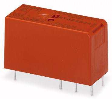 Een rechthoekig, oranje elektronisch relais met meerdere aansluitingen aan de onderkant. Het wordt gebruikt voor het schakelen van elektrische circuits.