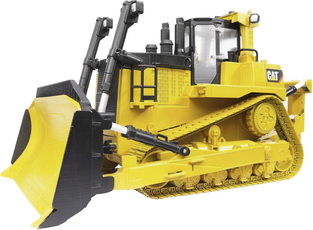 Een gele bulldozer met rupsbanden en een grote schuif. Hij staat stil en is zichtbaar van opzij.