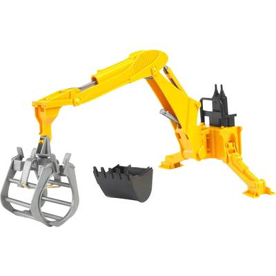 Een speelgoed-graafmachine met een lichtgele arm en een grijze grijper. De graafmachine heeft ook een zwarte schep en staat rechtop.