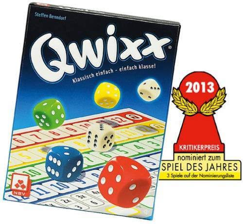 Bordspel 'Qwixx' met dobbelstenen; Nominatie voor Critici Prijs 2013 voor Spel van het Jaar met gekleurde getallenreeksen op het speelbord.