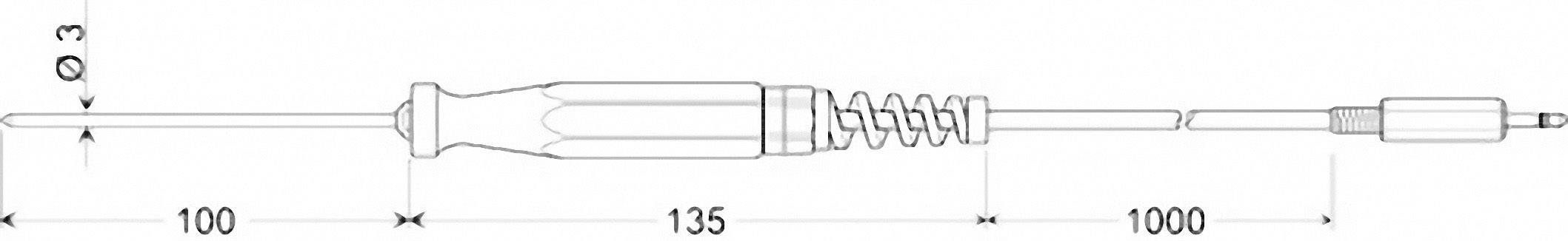 Technische tekening van een gereedschap met ergonomische handgreep, spiraalveer en lange steel. Lengte en diameter zijn vermeld.