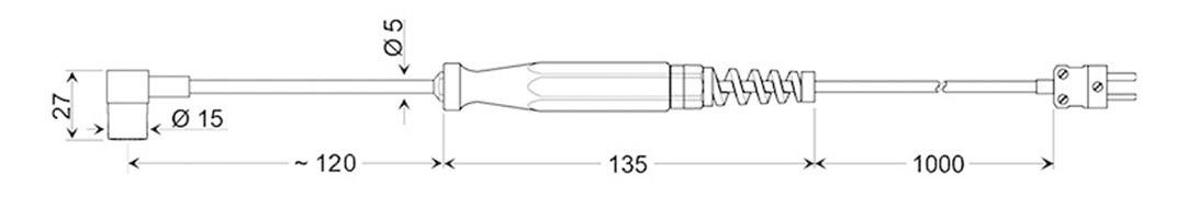 Technische tekening van een elektrische stekker met afmetingen: totale lengte 1287 mm, stekkerdiameter 15 mm, behuizing 27 mm.