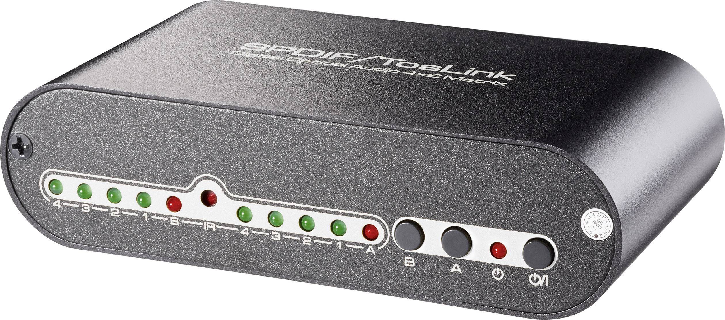 Een zwarte SPDIF/TosLink-splitter met meerdere groene en rode statusindicatoren aan de voorkant.