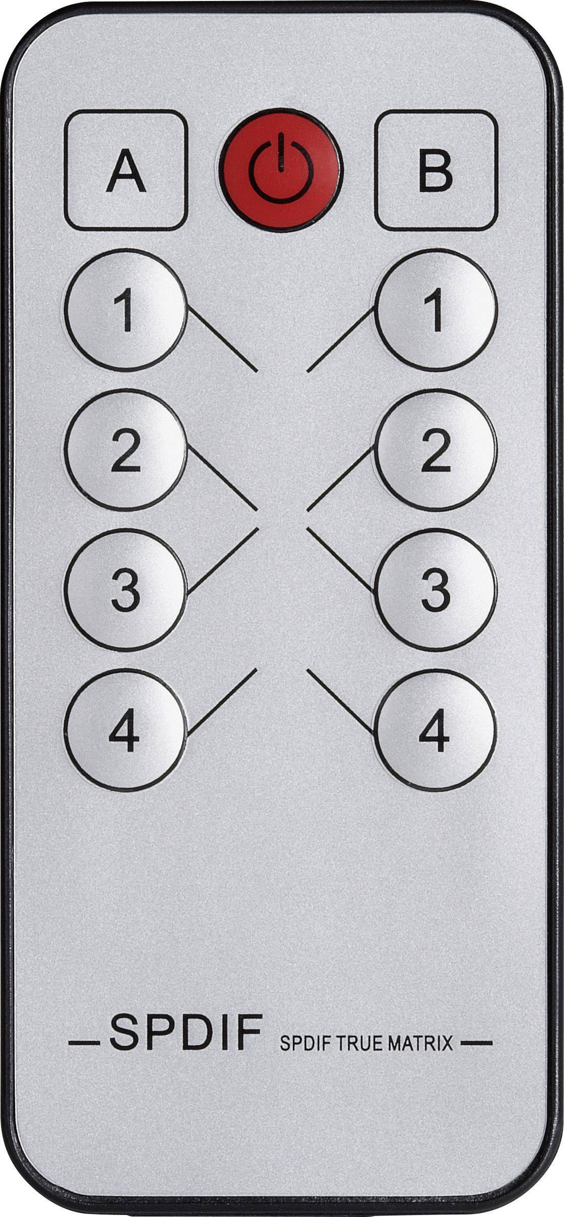 Afstandsbediening met toetsen: 'A' en 'B' bovenaan, vier genummerde toetsen onder elke letter, rode aan/uit-toets bovenaan in het midden, opschrift 'SPDIF True Matrix'.