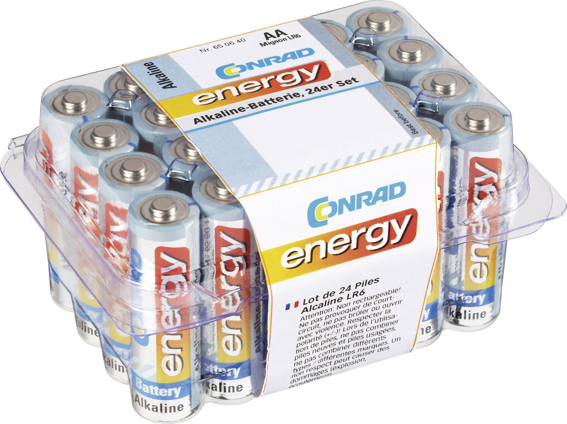 Een verpakking van 24 AA alkalinebatterijen van het merk Conrad Energy in een transparante kunststof verpakking.
