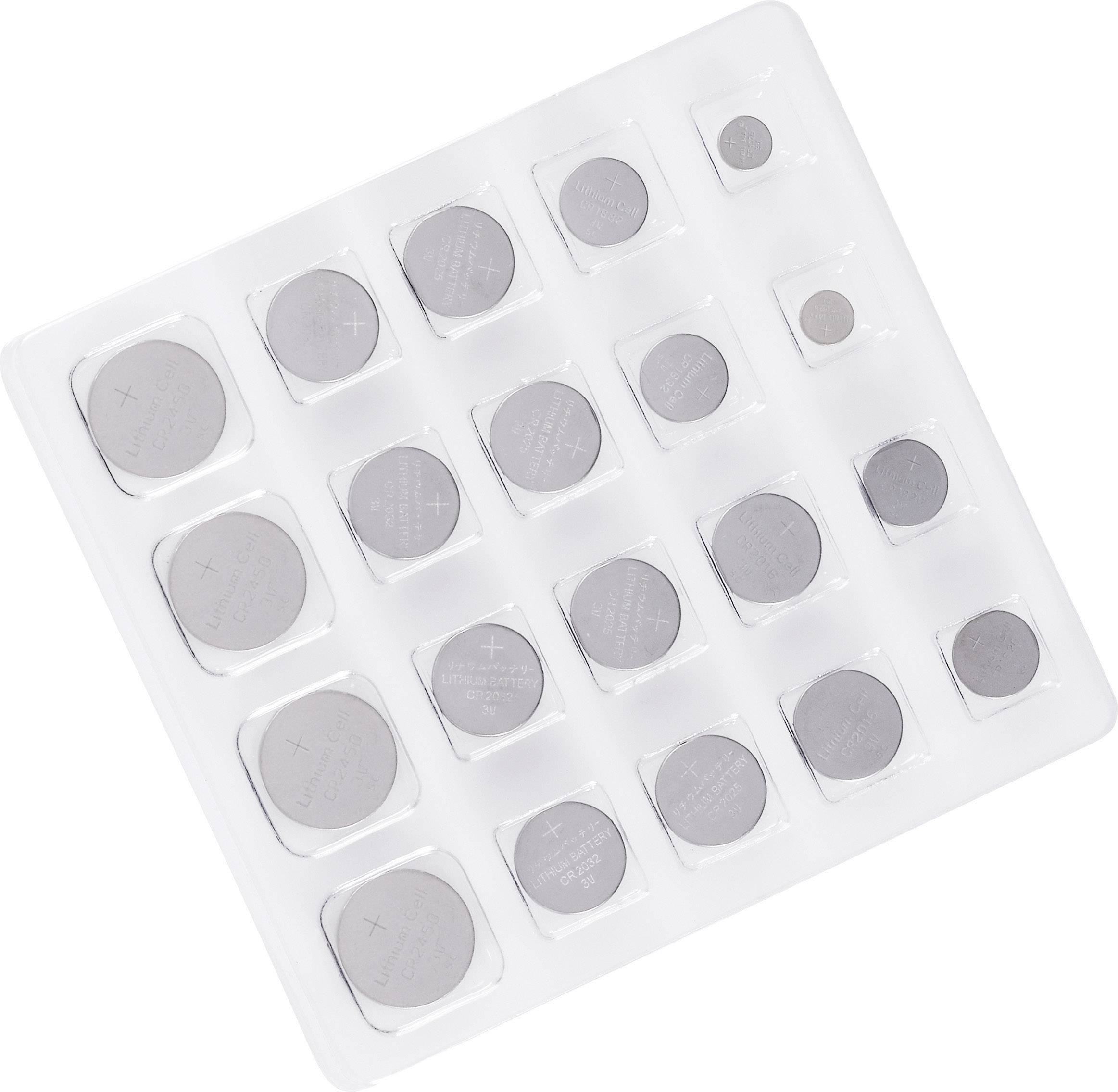 Een blisterverpakking met verschillende knoopcelbatterijen in verschillende formaten en vormen op een witte achtergrond.
