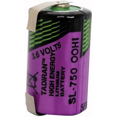 'Lila Tadiran Lithium-batterij, 3,6 Volt, groen en zwart gestreept. Tekst: High Energy Lithium Battery, SL-750 OOHI.'