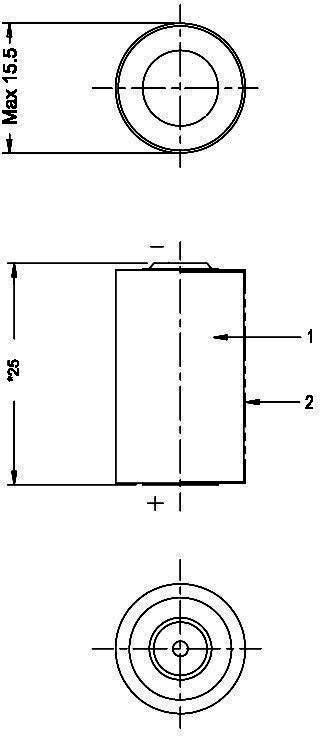 Technische tekening van een cilindrisch onderdeel met afmetingen: max. diameter 15,5 mm, lengte 25 mm. Toont voor-, zij- en bovenaanzicht.