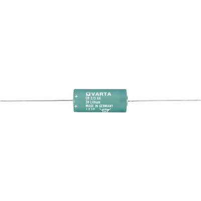 Een groene cilindrische batterij met het opschrift 'VARTA CR 1/3 AA 3V Lithium, Made in Germany, 12-22', toont plus- en mincontacten.
