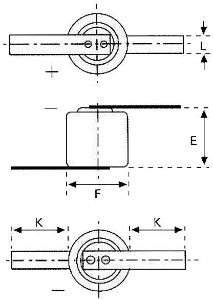 Technische tekening van metalen verbindingen met afmetingen: L, E, F en K. Toont bovenaanzicht en zijaanzicht van de verbindingselementen.