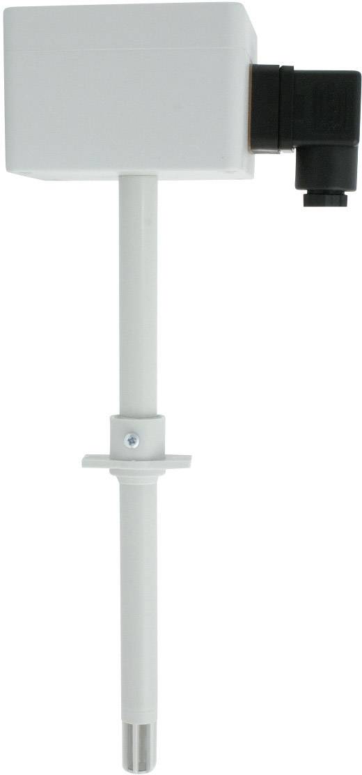 Een witte temperatuursensor met kunststof behuizing en een dompelsensor. In de rechterbovenhoek bevindt zich een zwarte aansluiting.