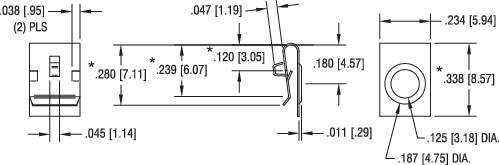 Technische tekening van een elektronisch onderdeel met gedetailleerde afmetingen. Toont voor- en zijaanzicht met maten in inches en millimeters.