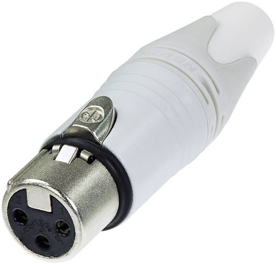 Een witte XLR-stekker met metalen contacten, geschikt voor audiobekabelverbindingen.