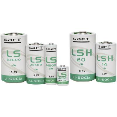 Verschillende formaten van witte batterijen met het opschrift 'SAFT' en groene markering. Verschillende modellen: LS 33600, LS 26500, LS 14500, LS 14250, LSH 20, LSH 14.
