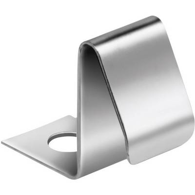 Een gebogen metalen clip met een ronde uitsparing aan de basis, waarschijnlijk bedoeld voor bevestiging of stabilisatie van objecten.
