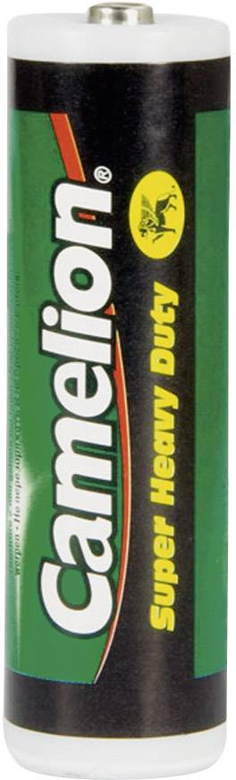 Een groene Camelion-batterij met het opschrift 'Super Heavy Duty'. Hij is cilindrisch met een logo in het midden.
