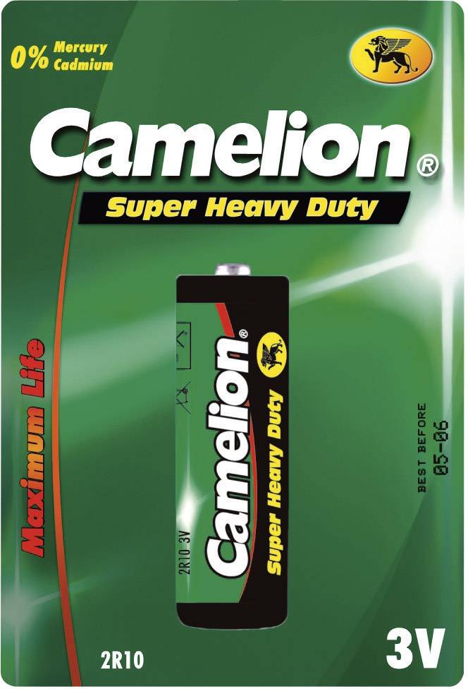 Het beeld toont een verpakking van een "Camelion Super Heavy Duty" batterij, 3V, maximaal houdbaar tot 05-26, in een groen design.