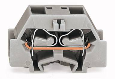 Elektrische stekker in het grijs met metalen contacten in het midden. Wordt gebruikt voor een veilige aansluiting van elektrische kabels.