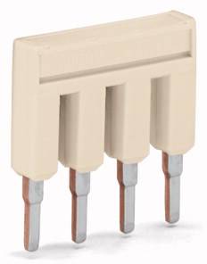 Elektrische jumpersteker met vier metalen rails. Verbindt geleiders in elektrische toepassingen. Kunststof behuizing.