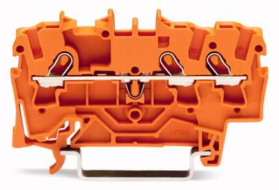 Oranje klemmenadapter voor witte achtergrond, toont de gedetailleerde structuur en contactelementen, gebruikt in elektrische schakelkasten.