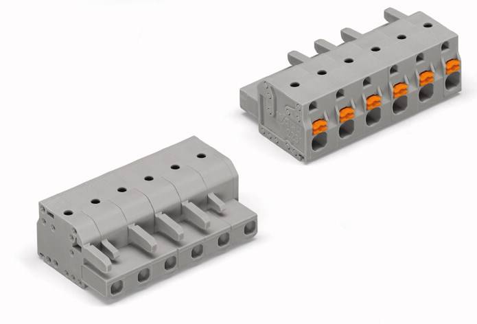 Twee grijze elektrische connectoren met meerdere aansluitpunten en oranje hendels, op een witte achtergrond.