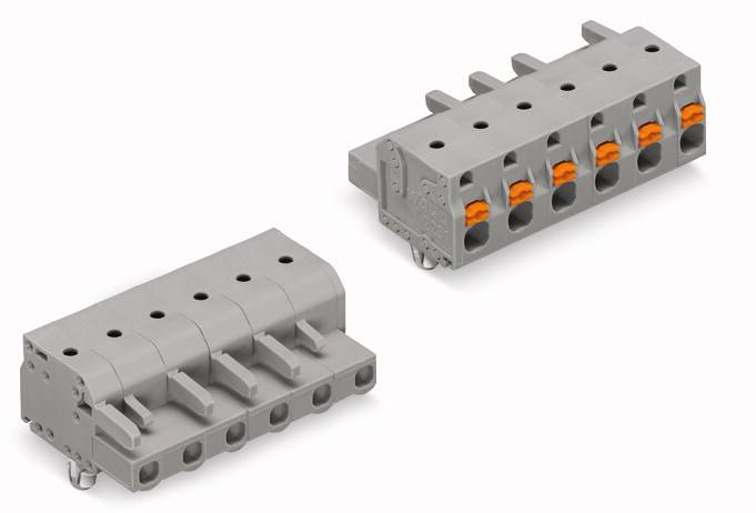 Twee grijze elektrische stekkers met oranje hendels, bedoeld voor eenvoudige bedrading, op een witte achtergrond.