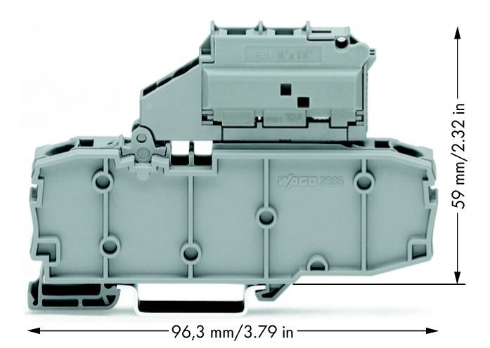 Grijze elektrische stekkerverbinding, zijaanzicht. Gemarkeerd met afmetingen van 96,3 mm/3,79 inch breed en 59 mm/2,32 inch hoog.