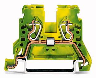 Een doorsnede van een geel-groene elektrische aansluitklem die interne koperverbindingen voor stroomoverdracht toont.