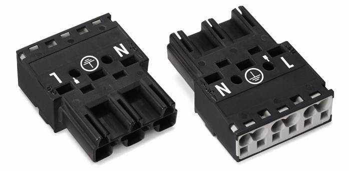 Twee zwarte elektrische aansluitingen voor elektrische toepassingen. Eén toont de symbolen 'N' en 'L' voor nulgeleider en fasegeleider.