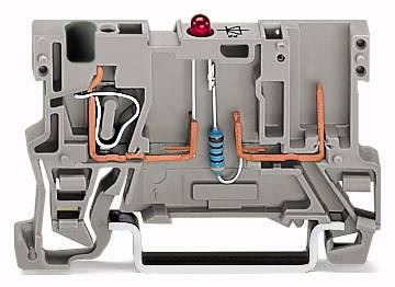 Een doorsnede van een elektrische connector met een weerstand en rode draden, waarbij de interne componenten worden getoond.