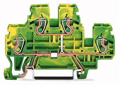Een doorsnede van een groene aansluitklem met zichtbare koperverbindingen die de elektrische geleiding binnen de klem illustreren.