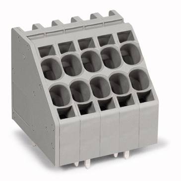 Grijze, schuine connector met meerdere rijen van ronde aansluitpunten voor elektrische verbindingen.