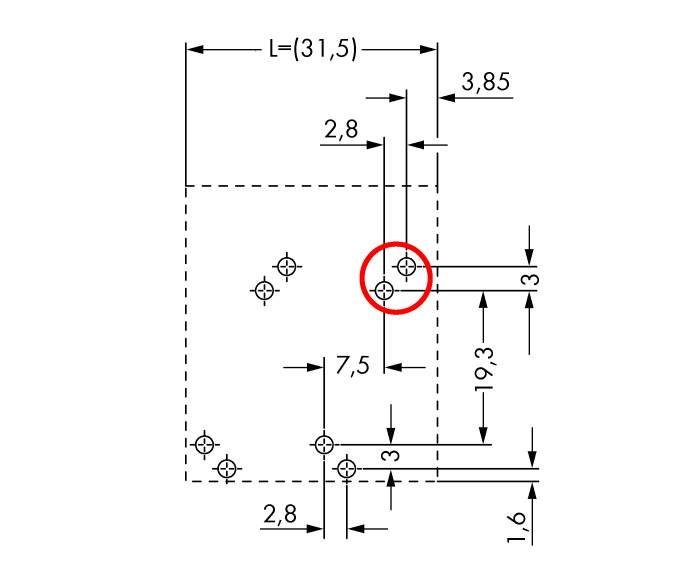 Technische tekening van een onderdeel met afmetingen. Een rood gemarkeerd gat toont een speciale locatie. Maten in millimeters.