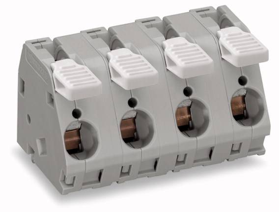 Grijs elektrisch aansluitingsblok met vier aansluitingen, elk voorzien van een witte hefboom voor draadbevestiging. Geschikt voor elektrische installaties.