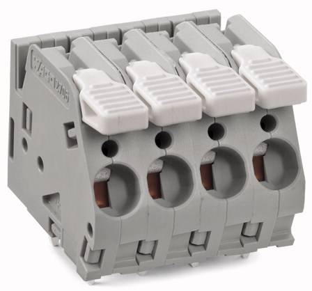 Een grijze, vierpolige aansluitblok voor elektrische verbindingen met witte schakeloppervlakken bovenaan, gebruikt voor het bevestigen van kabels.