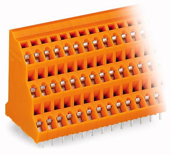 Een oranje, meerrijige connector met meerdere aansluitpunten, geschikt voor elektrische of elektronische verbindingen.