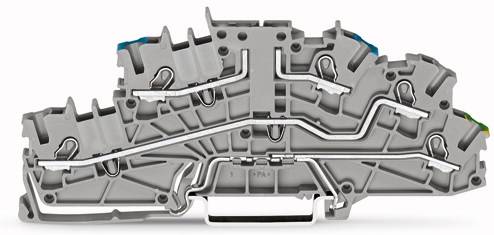 Grijs-witte elektrische aansluitrail met meerdere draden en aansluitingen, waarbij de contacten zijdelings verschoven zichtbaar zijn.