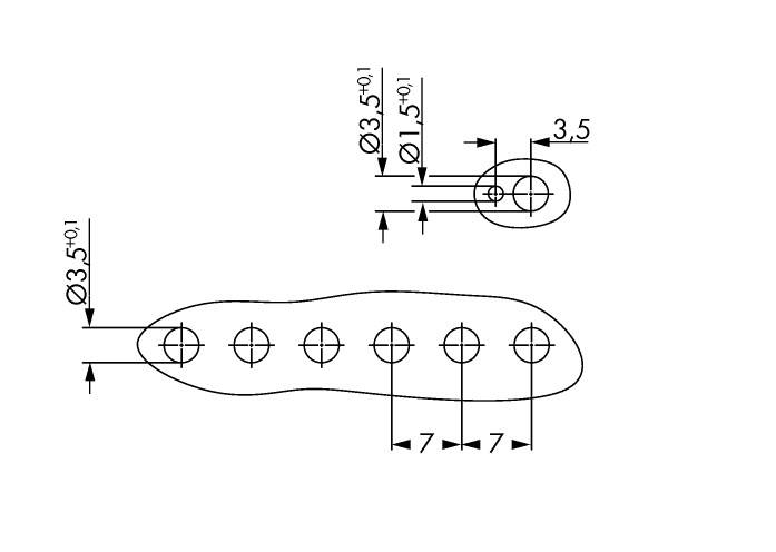 Technische tekening van een plaat met vijf gaten, allemaal op een afstand van 7 mm. Twee daarvan met maataanduidingen voor diameter en afstanden.