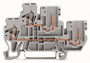 Grijze klem met koperverbindingen, toont interne bedrading en contactpunten voor elektrische installatie.