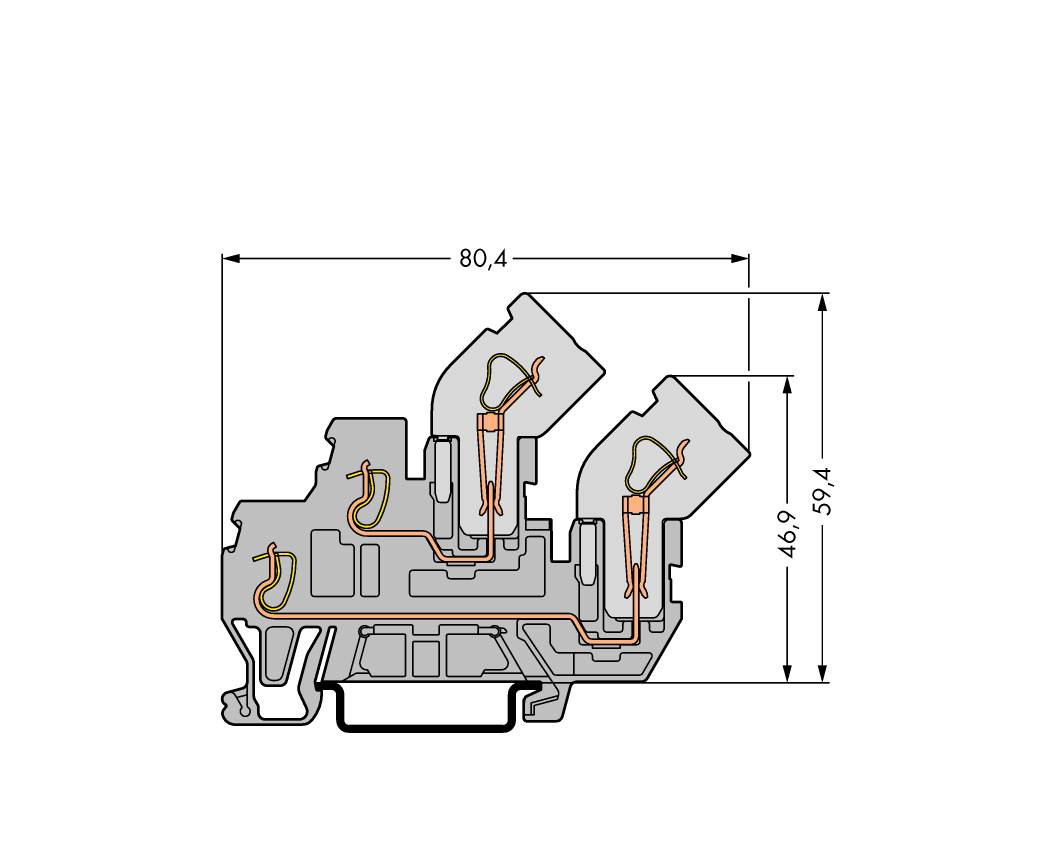 Doorsnede van een elektrische aansluitrail met afmetingen: breedte 80,4 mm, hoogte 59,4 mm, diepte 46,9 mm. Toont interne bedrading.