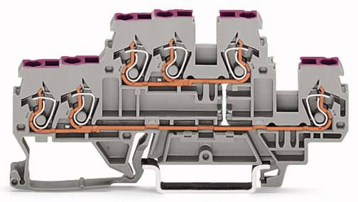 Dwarsdoorsnede van een elektrisch verbindingselement met meerdere koperverbindingen en paarse kabelingangen bovenaan.